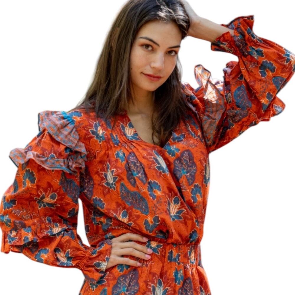 BINDU Sabrina Top in Terracotta Boho Made in India  sz‎ Lg